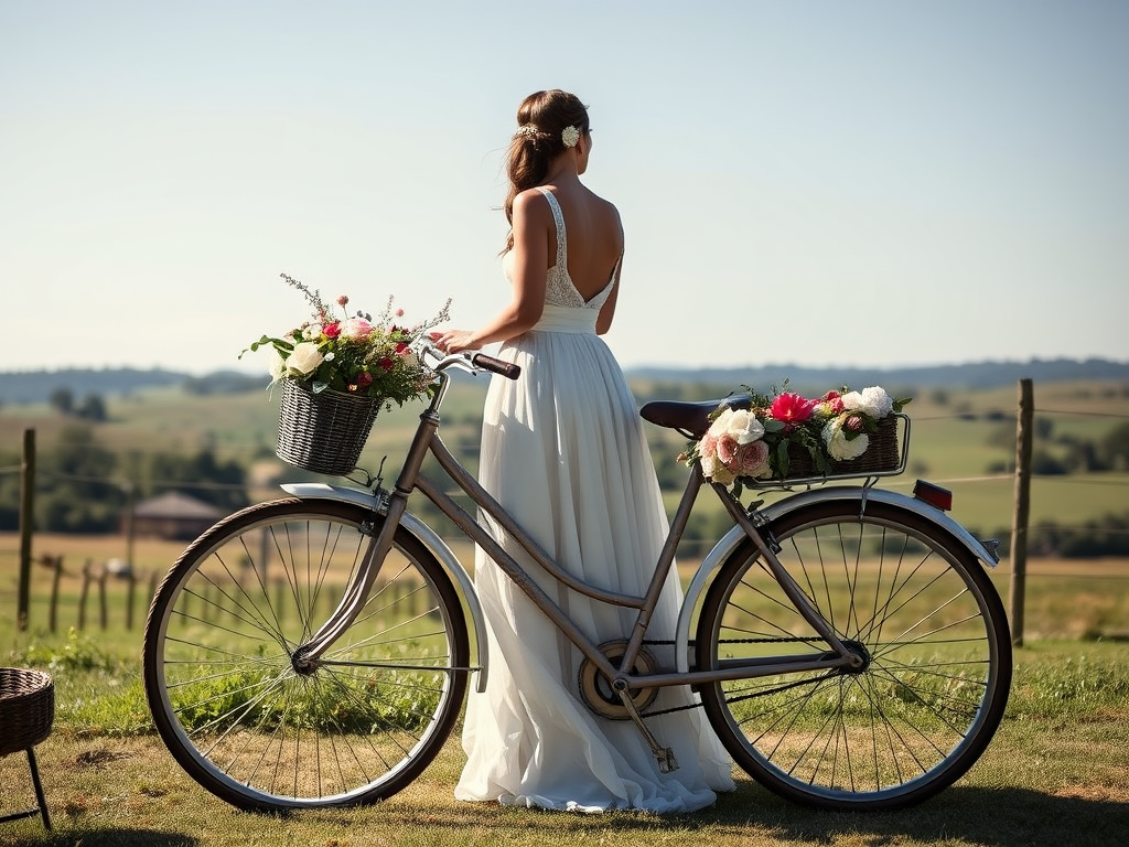 Une femme en robe blanche se tient près d'un vélo décoré de fleurs, avec un paysage verdoyant en arrière-plan.