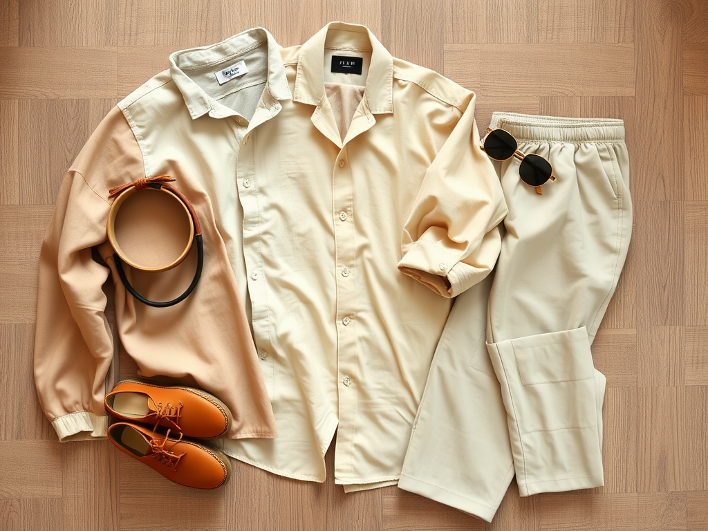 Tenue décontractée : une chemise beige, un pantalon clair, des chaussures orange et des lunettes de soleil.