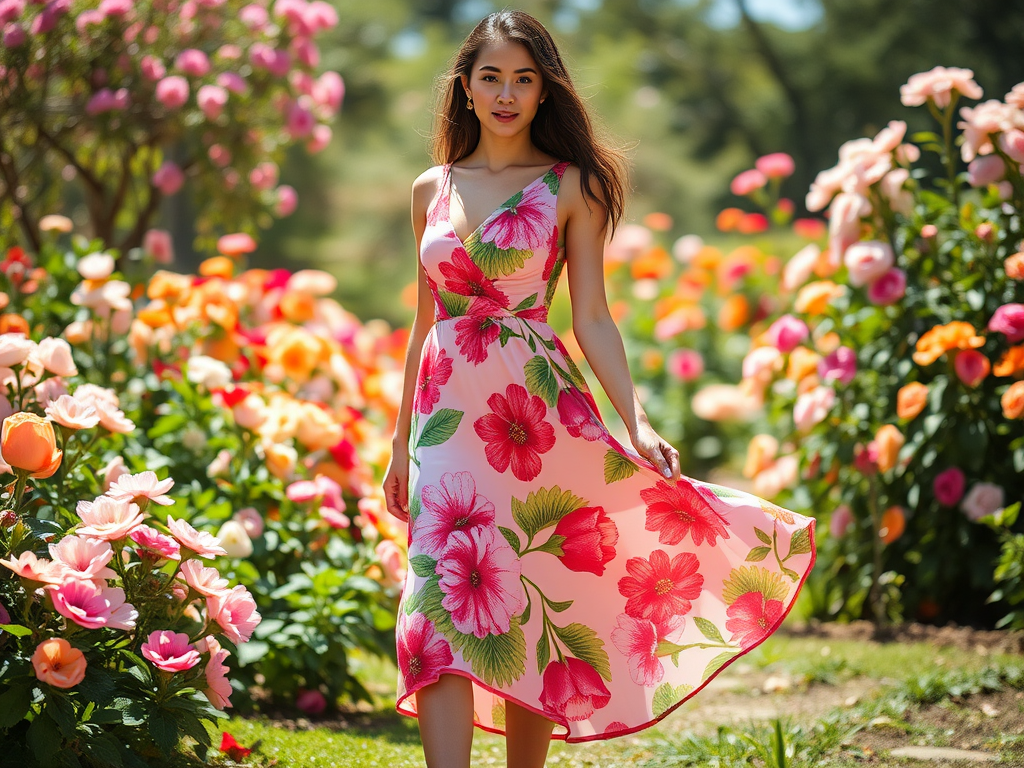 Une femme souriante porte une robe à fleurs dans un jardin coloré avec de nombreuses fleurs en arrière-plan.