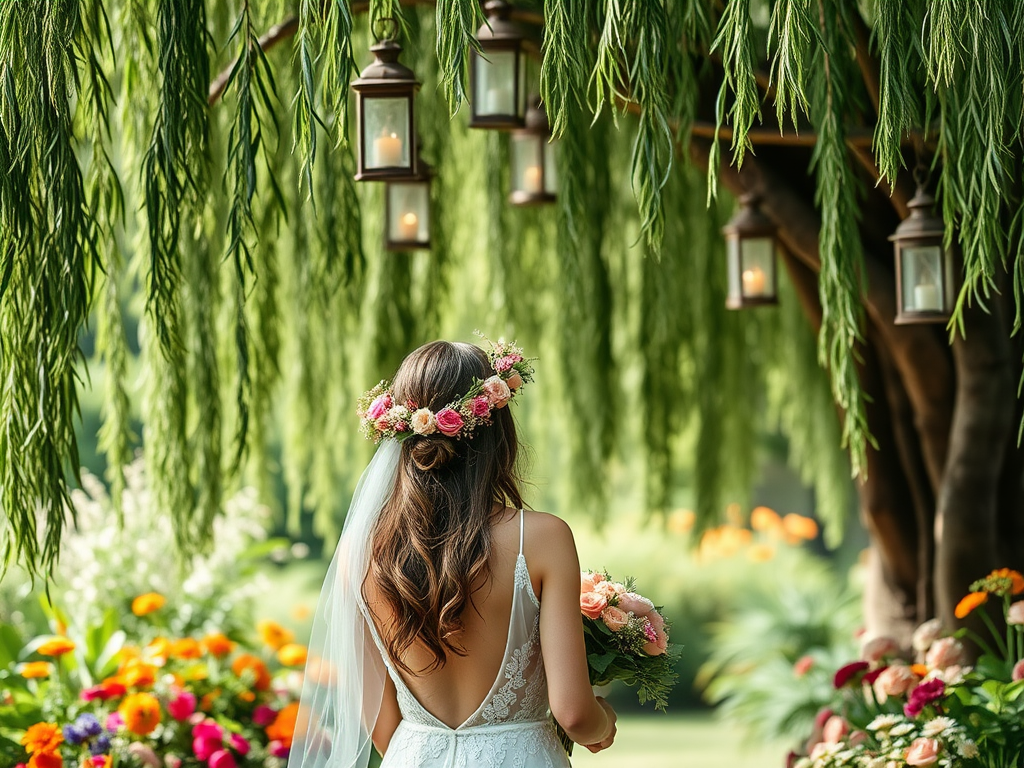 Une mariée avec une couronne de fleurs se tient sous des lanternes, entourée de fleurs colorées.