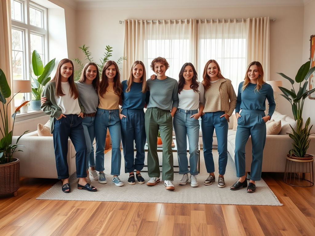 Un groupe de neuf femmes souriantes posant ensemble dans un salon lumineux et moderne. Plantes d'intérieur en arrière-plan.