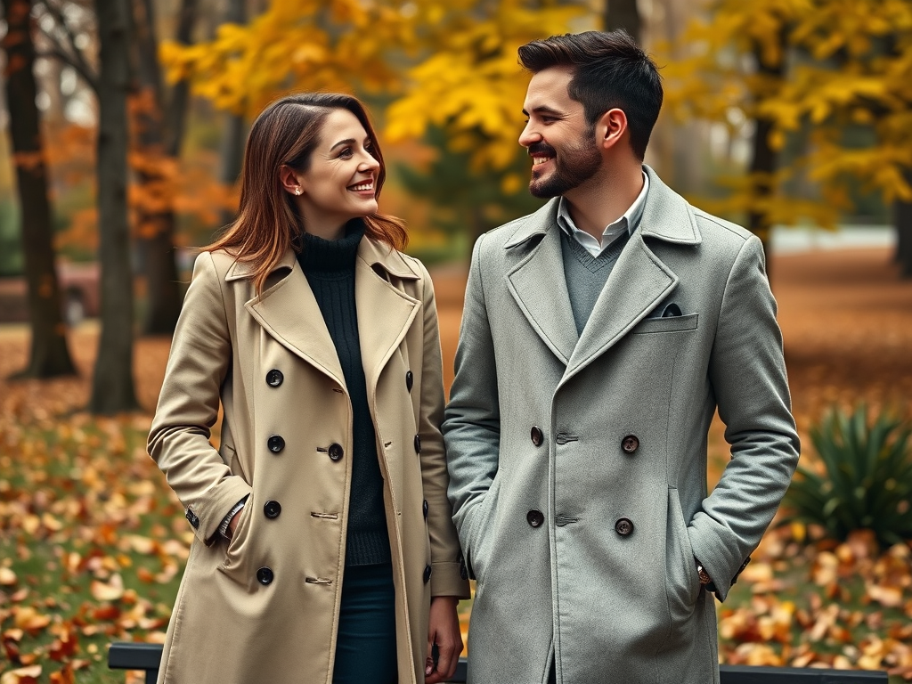 Un couple souriant marche dans un parc aux feuilles d'automne, vêtus de manteaux élégants.