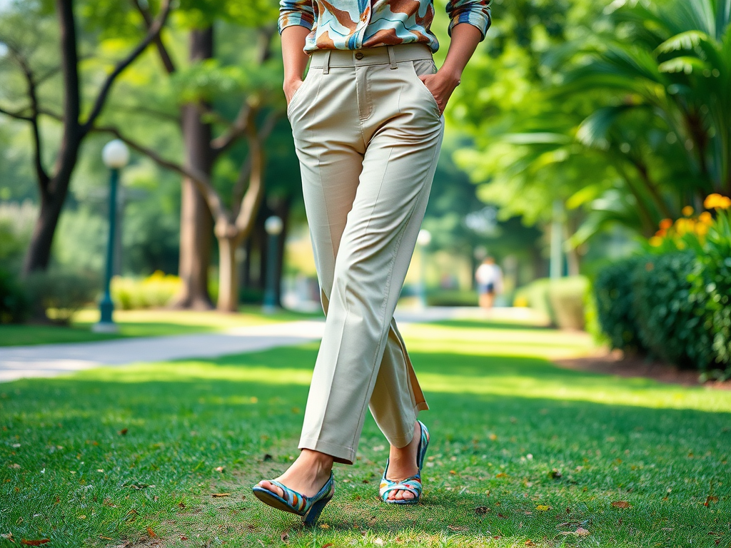 Une personne marche dans un parc, portant un haut coloré et un pantalon beige, avec des sandales stylées.