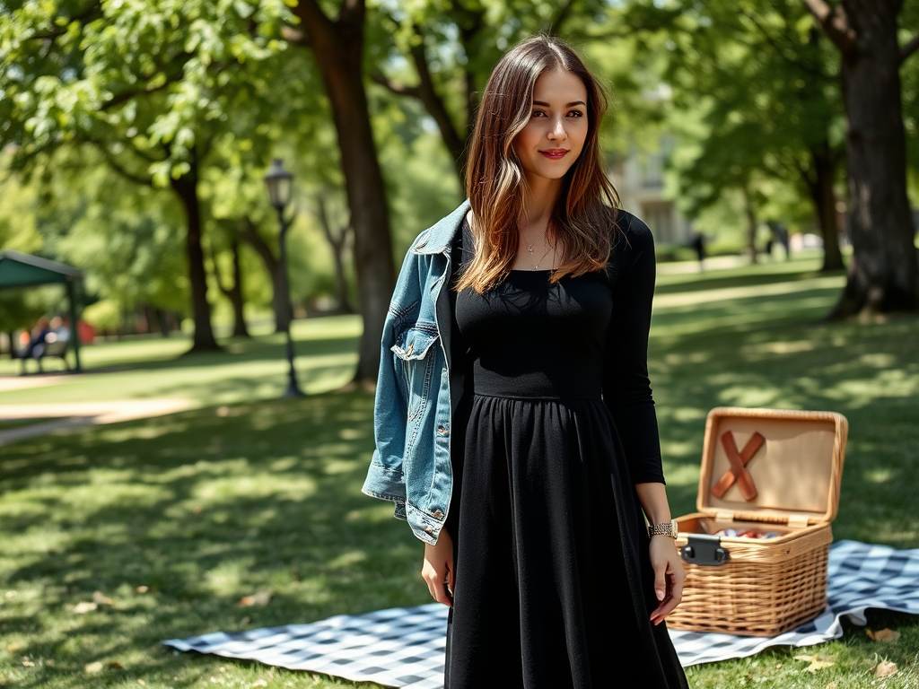 Une femme en robe noire se tient dans un parc, avec un panier de pique-nique et une couverture à carreaux.