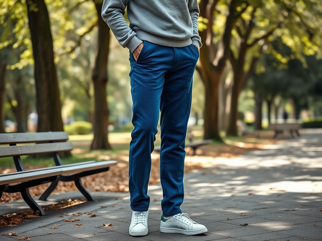 Un homme debout dans un parc, portant un sweat gris, un pantalon bleu et des baskets blanches, avec des arbres en arrière-plan.