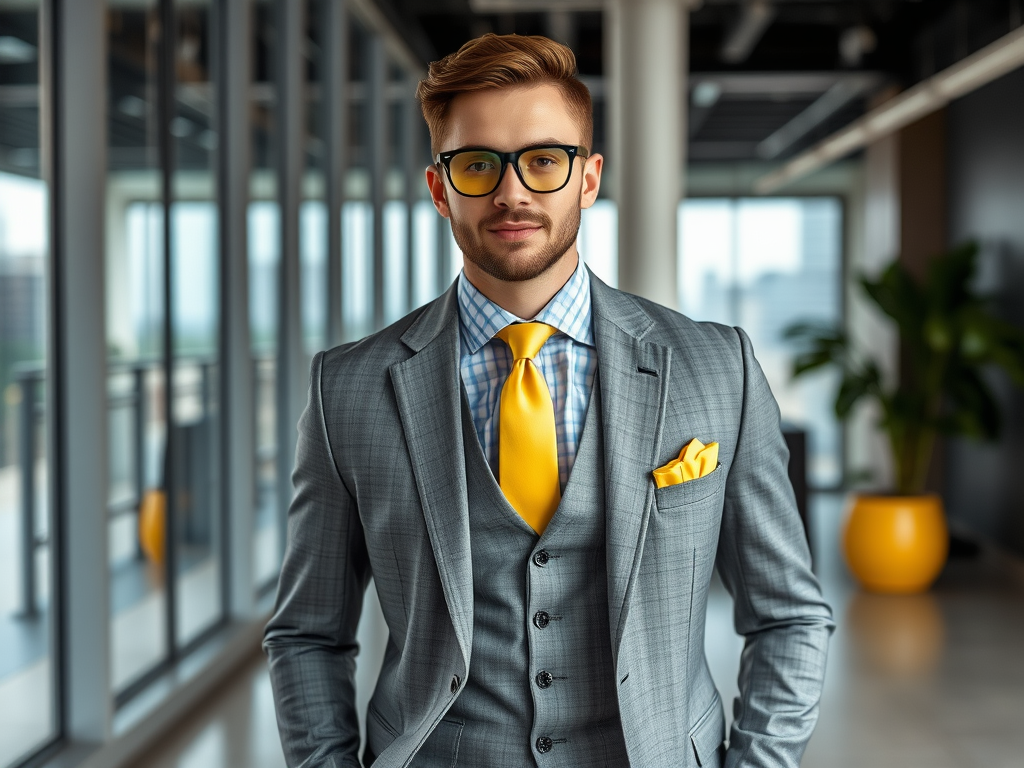 Un homme vêtu d'un costume gris avec une cravate jaune, souriant dans un bureau moderne.