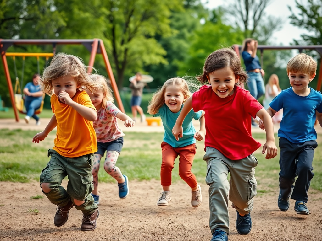 Des enfants courent joyeusement dans un parc, jouant et riant sous le soleil, entourés de verdure.