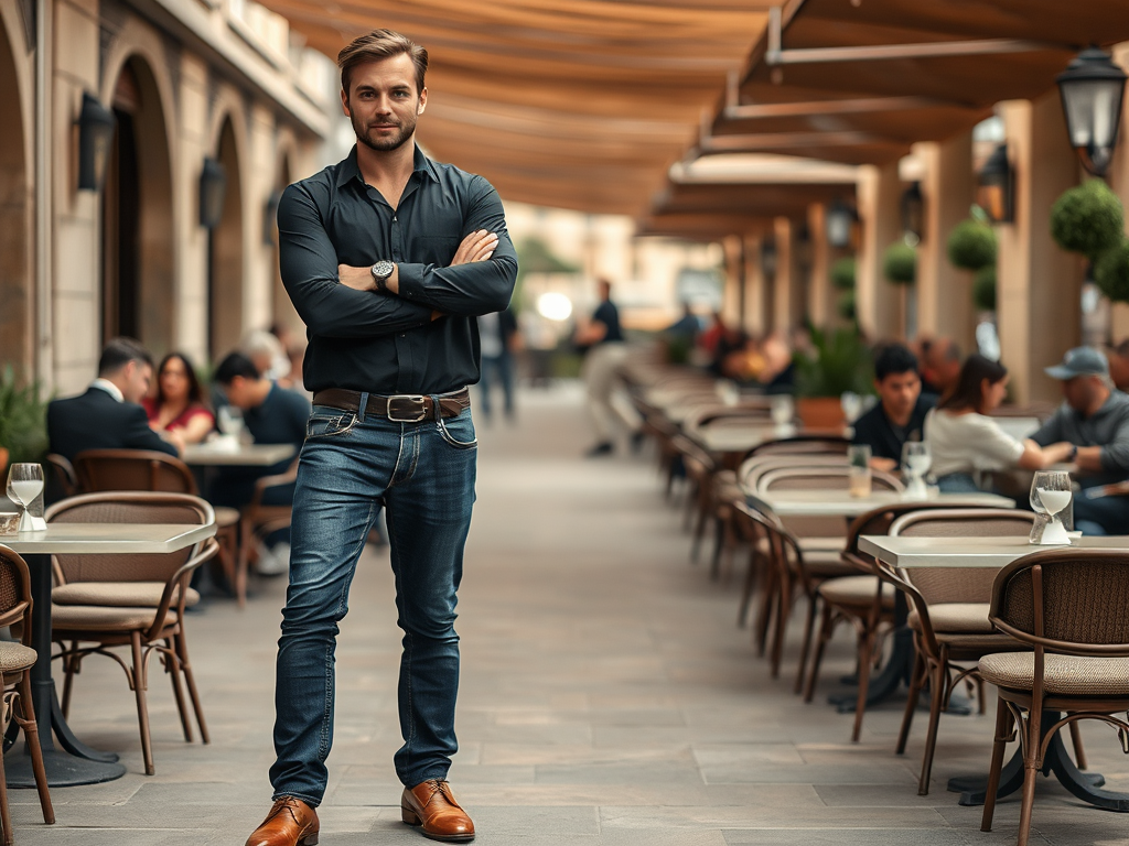 Un homme souriant en chemise noire et jeans se tient dans un café en plein air, entouré de clients.