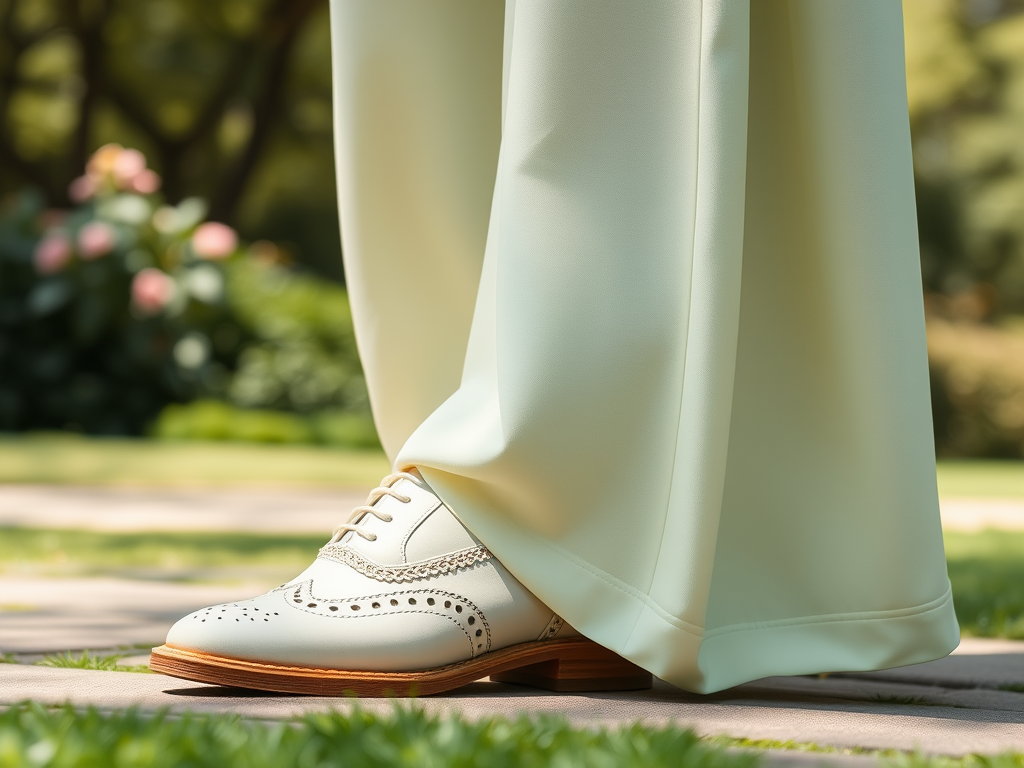 Des chaussures blanches élégantes sont visibles sous un pantalon fluide de couleur pastel dans un jardin.