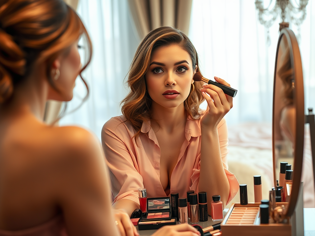 Une femme se maquille devant un miroir, entourée de produits de beauté, dans une pièce lumineuse.