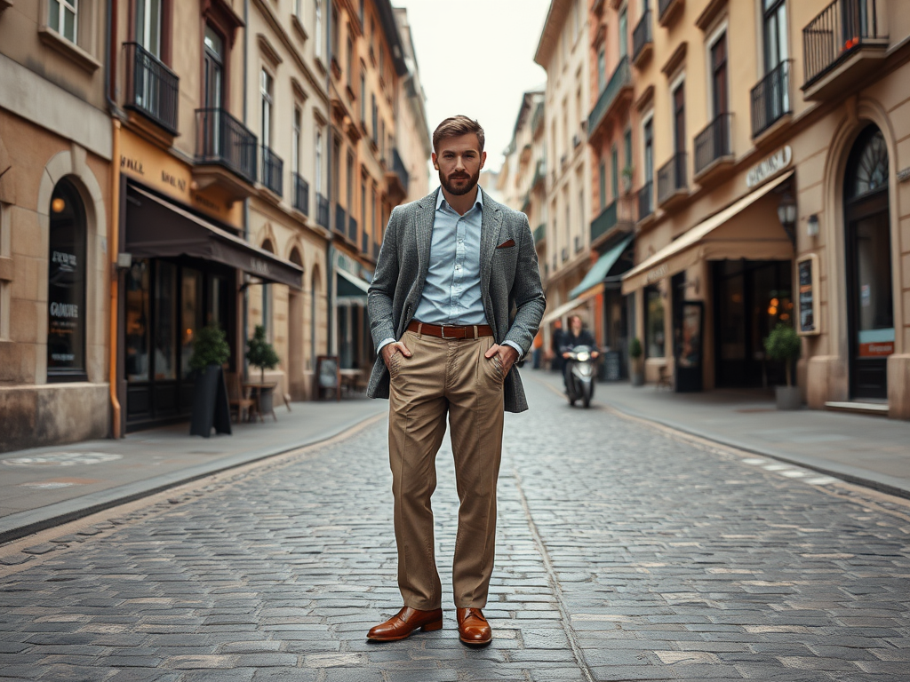 Un homme bien habillé, portant une veste et un pantalon, pose sur une rue pavée bordée de boutiques.