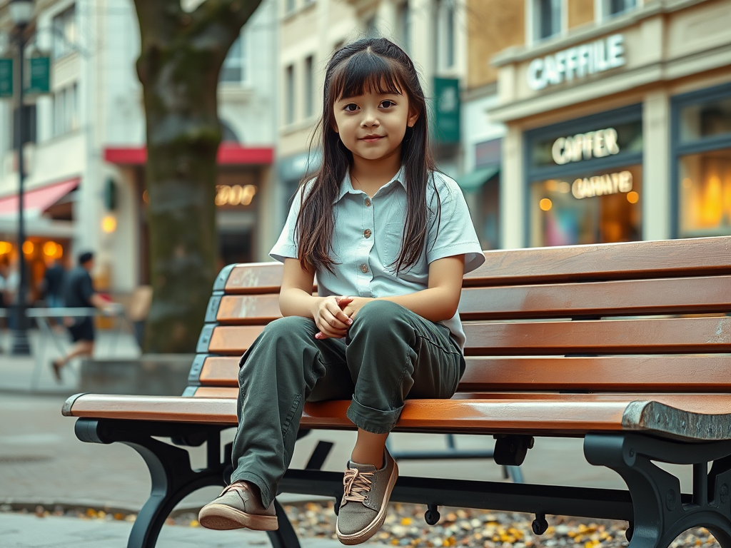 Une fille assise sur un banc, souriante, dans une rue animée avec des boutiques en arrière-plan.