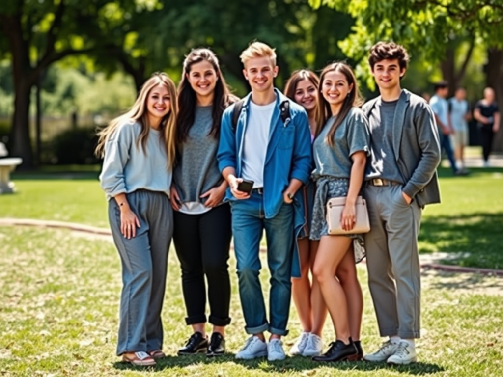 Un groupe d'étudiants souriants posent ensemble sur l'herbe dans un parc ensoleillé.