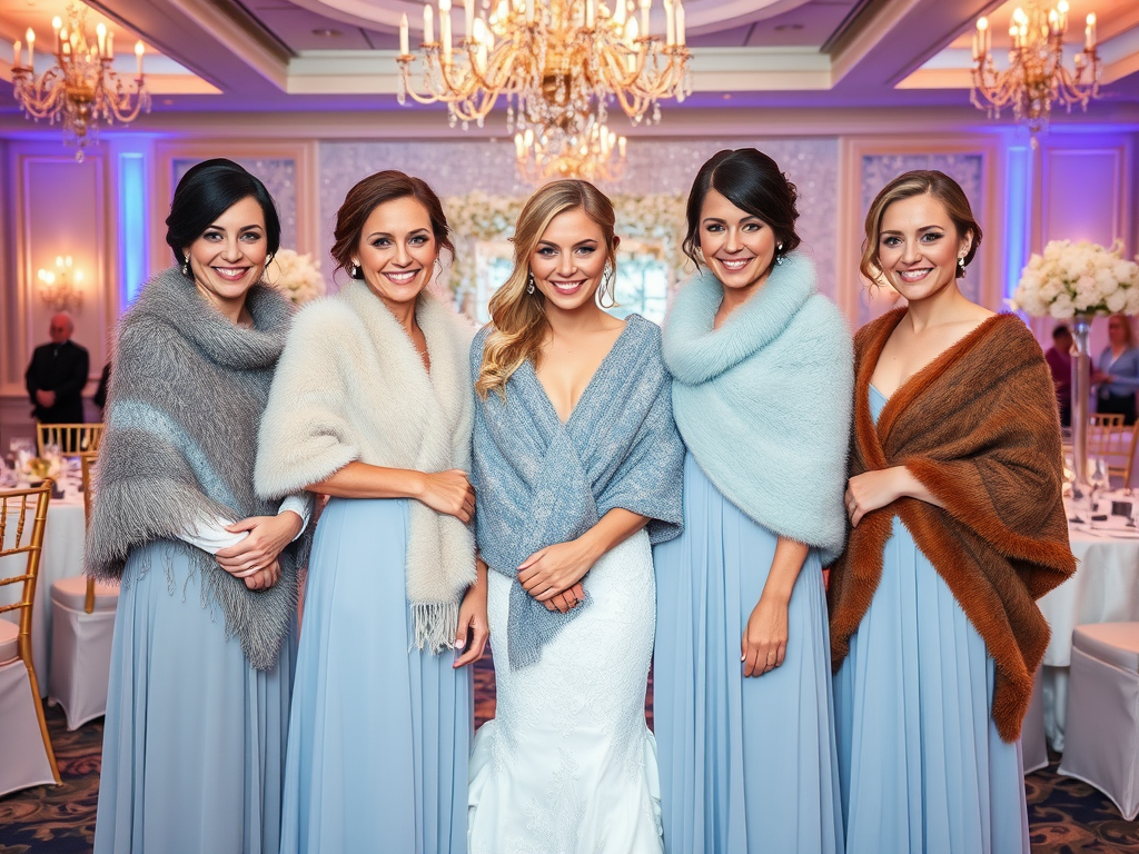 Cinq femmes en robes de soirée, souriant avec des châles, dans une salle élégante décorée pour un mariage.