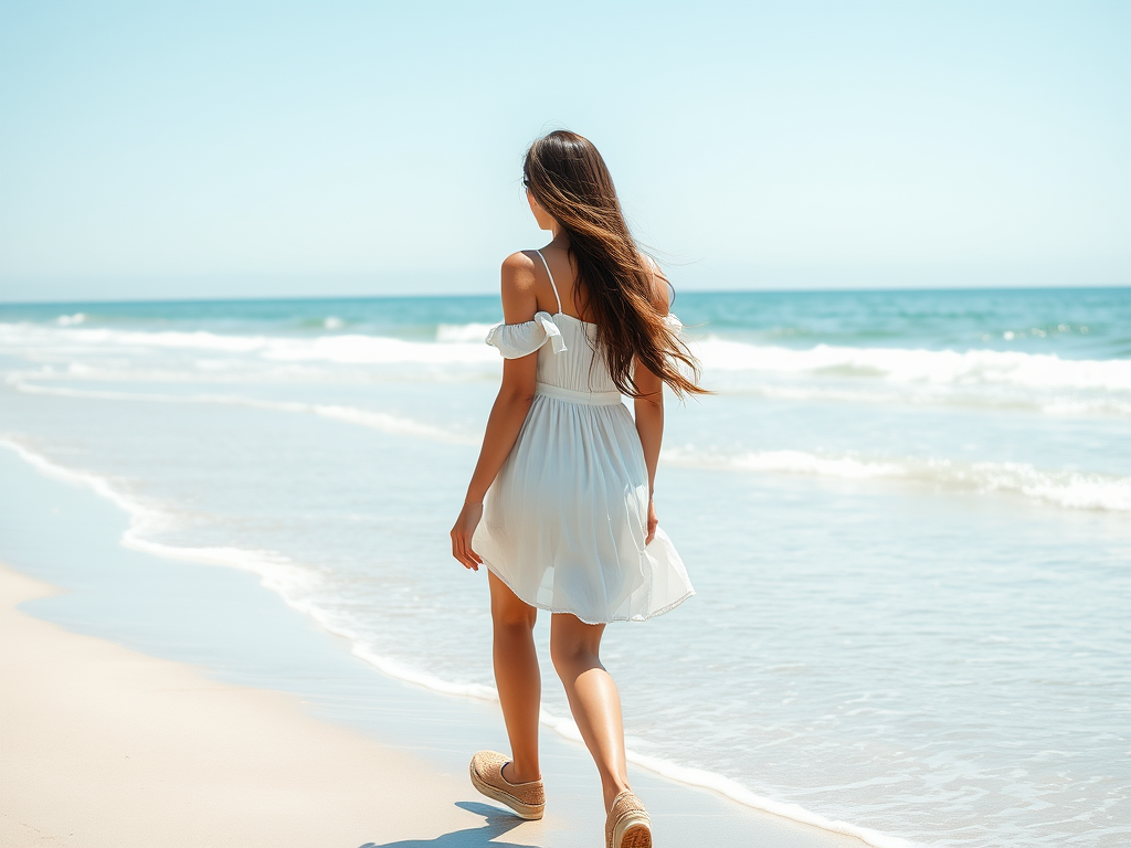 Une femme marchant sur la plage, vêtue d'une robe blanche, les vagues s'écrasant doucement sur le sable.